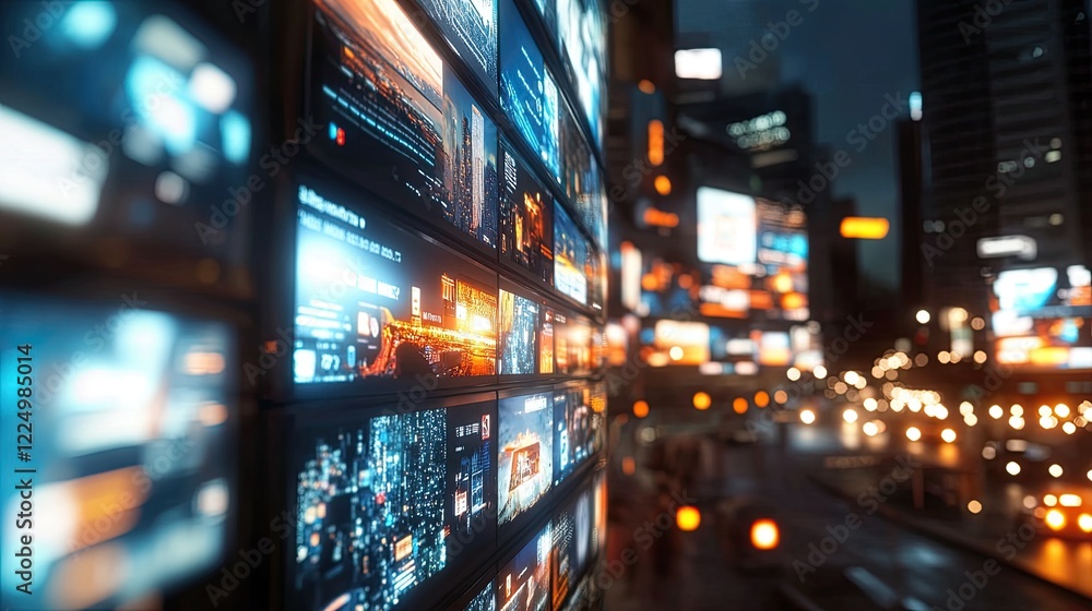Poster a detailed shot of a led digital screen with bright, sharp images and a sleek interface design, offe