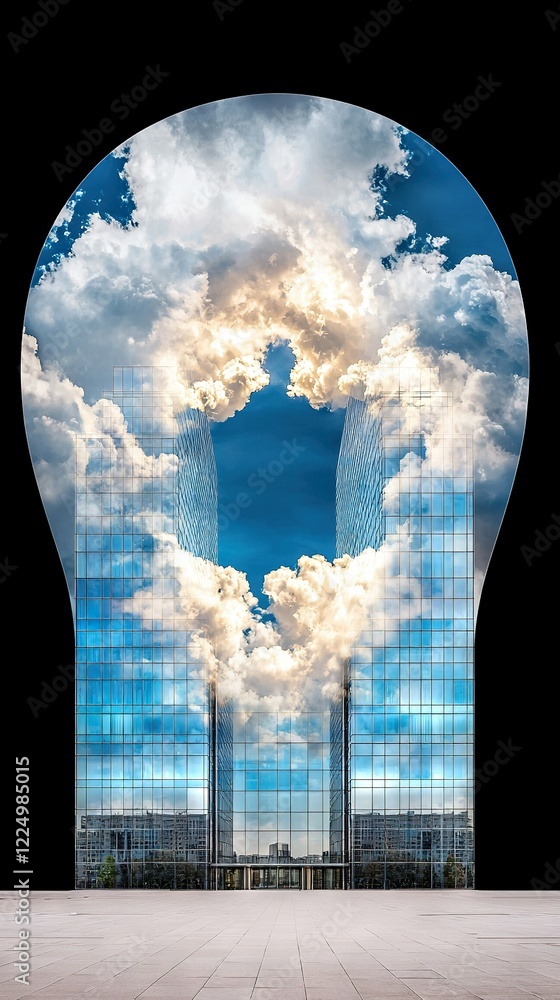 Poster building with reflective windows showing sky and clouds