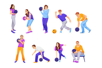 Group of people playing bowling, holding and rolling balls in dynamic poses, on white background. Concept of sports and recreation. Vector illustration