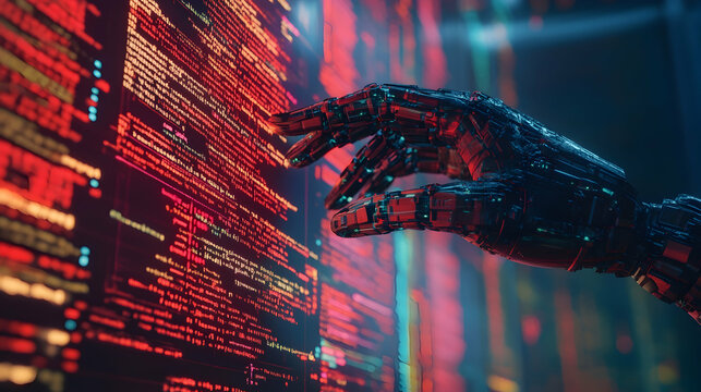 AI robot hand interacting with computer code, symbolizing the future of automation and innovation  -