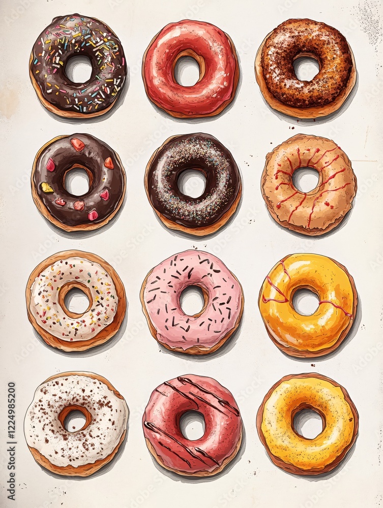 Poster assorted donuts with various toppings displayed in a grid on a light textured background