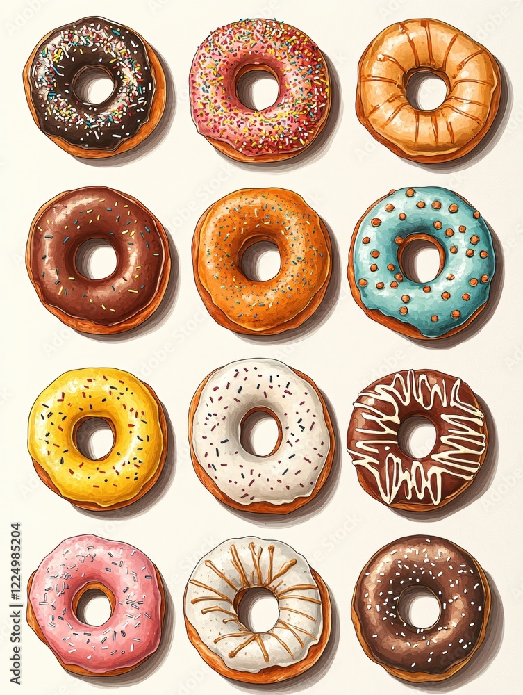 Poster twelve donuts with various toppings arranged in a grid on a light background illustration style