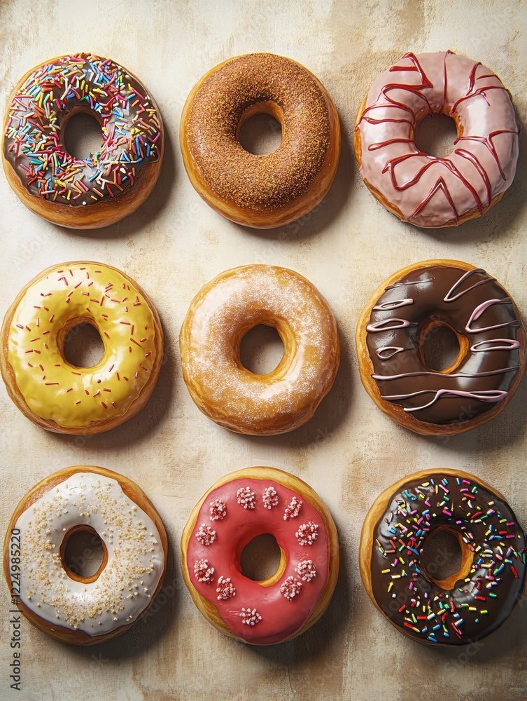 Poster Assorted donuts displayed in a grid pattern with various toppings and glaze colors on a textured background