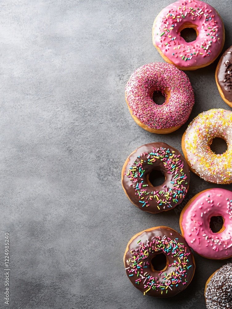 Poster Assorted donuts with colorful sprinkles on a gray surface arranged on the right side