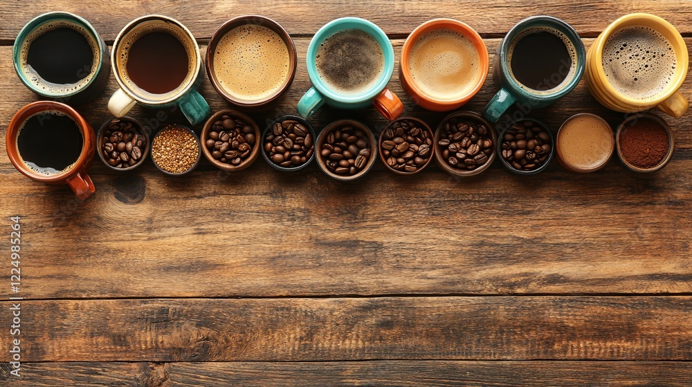 Poster coffee cups and beans on a wooden table top view with space for text and design
