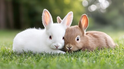 Fototapeta premium Two baby bunnies cuddling in a sunny green garden. Ideal for Easter cards