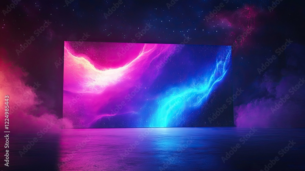 Poster a flat lay of a led screen with a sleek design showing a vibrant abstract display, with room for tex