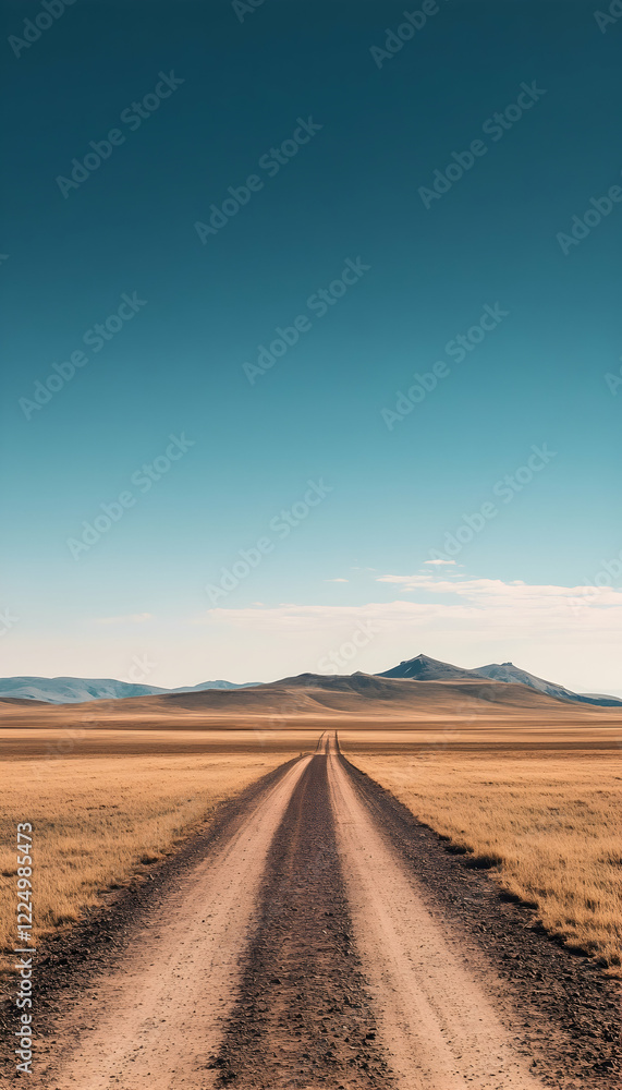 Poster an empty open field with a clear blue sky -
