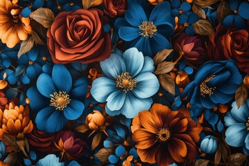 Fototapeta premium A vibrant floral pattern featuring blue, orange, and red flowers, perfect for nature inspired designs, weddings, or seasonal decorations, showcasing a rich color palette and artistic details