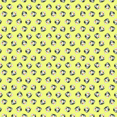 Watercolor sushi seamless pattern. Asian food endless background. Trendy food design. Perfect for wallpaper, fabric, wrapping, packaging, stationery, crafts, home decor, kitchenware, scrapbooking