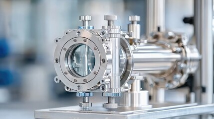 Fototapeta premium Stainless steel vacuum chamber, lab equipment, industrial setting, cleanroom background, science research