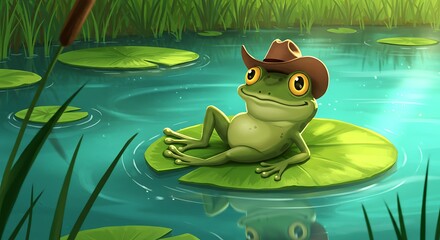 Fototapeta premium A cartoon frog wearing a cowboy hat sits on a lily pad in a pond. 