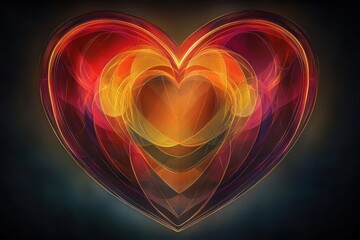 Abstract heart-shaped geometric pattern with translucent red, orange, and yellow layers, softly glowing against a dark background
