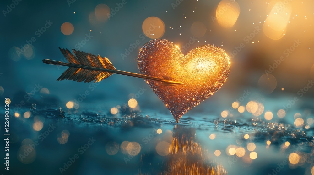 Poster a golden arrow piercing through a heart, surrounded by tiny sparkling lights on a soft gradient back