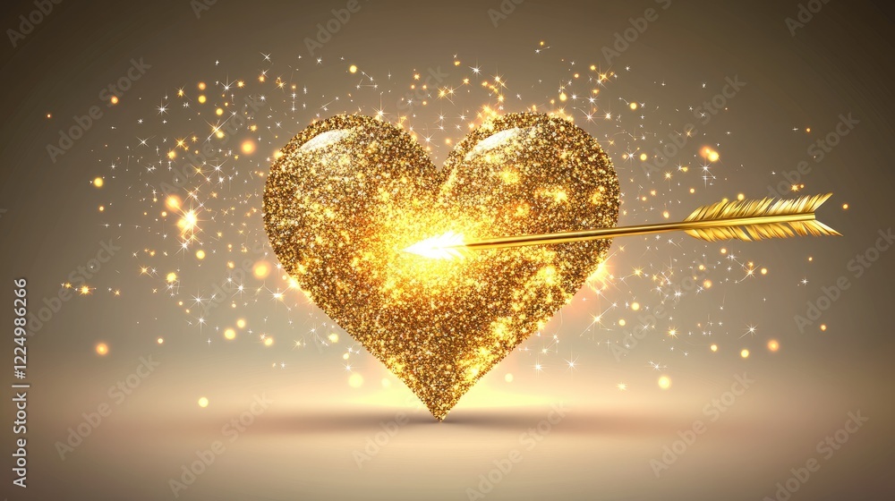 Poster a golden arrow piercing through a heart, surrounded by tiny sparkling lights on a soft gradient back