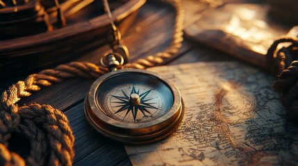 Compass, rope and treasure map on the table. The concept of sea adventures