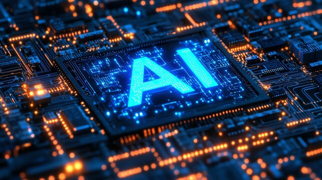 A close-up 3D render of glowing "AI" text embedded on a futuristic computer chip. Neon blue highlights and intricate circuit patterns on a dark background convey advanced technology.