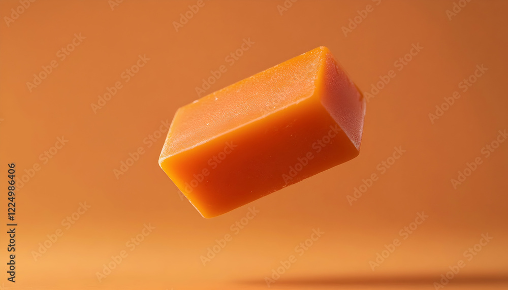 Aufkleber an orange soap bar floating in the air against a soft orange background, creating a simple yet strik