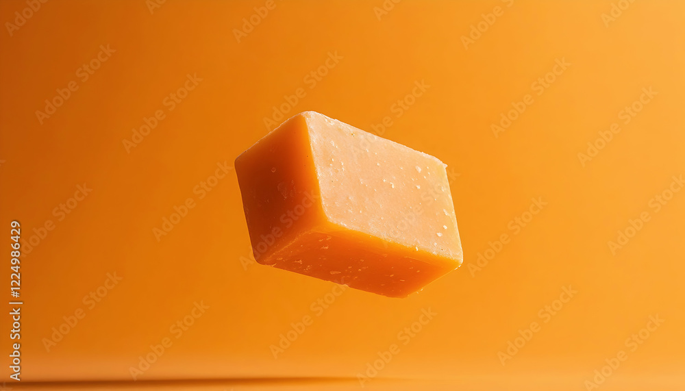 Poster an orange soap bar floating in the air against a soft orange background, creating a simple yet strik