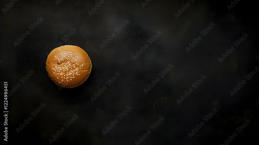 Poster an overhead view of a hamburger on a black background, with space for text next to the image -