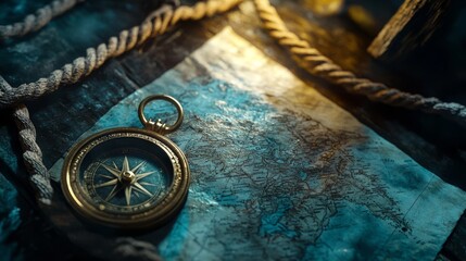 Compass, rope and treasure map on the table. The concept of sea adventures