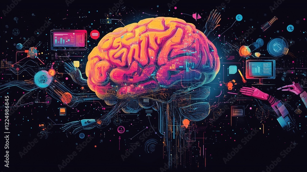Poster collage art featuring a diverse ai brain with robotic arms performing tasks like designing and manag