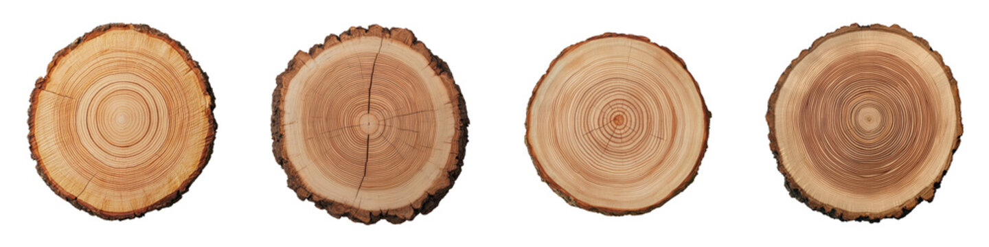 Close up of a cross section or slice of a tree trunk showcasing the natural concentric patterns and annual growth rings visible on the wooden surface
