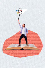 Vertical photo collage of serious man hold magnifier glass open book education knowledge library...