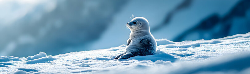 Baby seal sitting on the snow with a playful and innocent expression  -