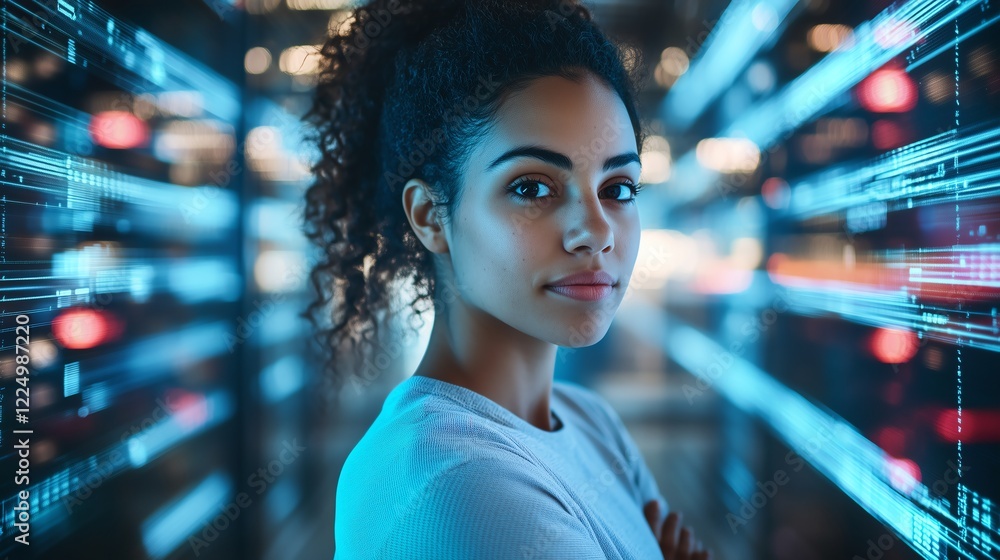 Poster a confident female cto in a state-of-the-art data warehouse. servers glow with neon blue lights, sur