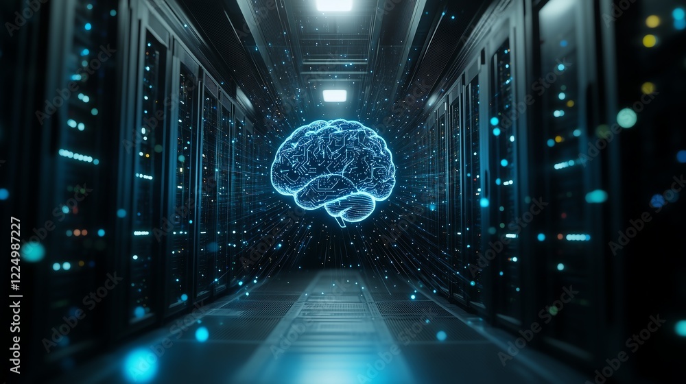 Poster glowing brain surrounded by intricate circuit board patterns in a futuristic server room, showcasing