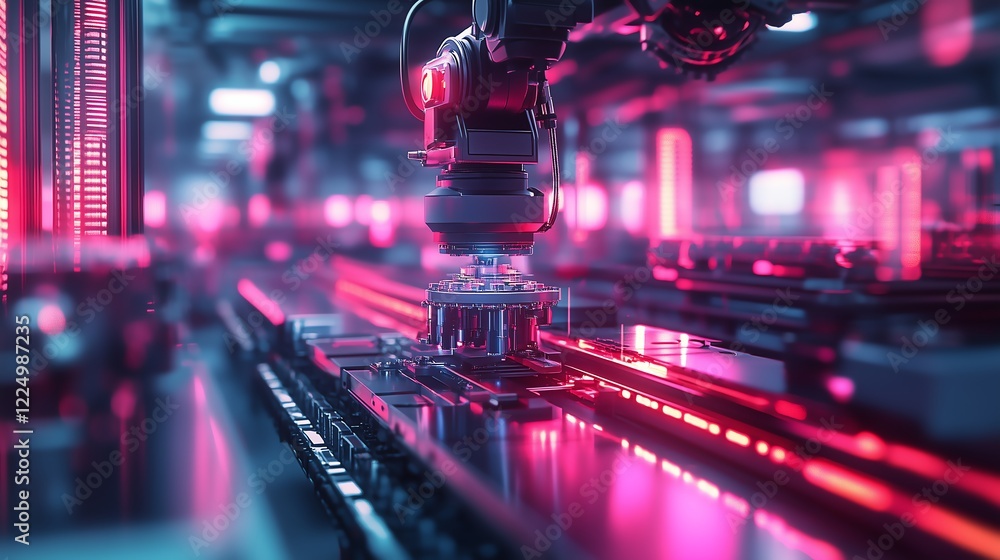 Poster a robotic arm assembles components in a modern factory with neon accents and holographic projections
