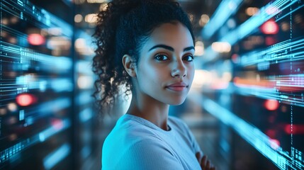 A confident female CTO in a state-of-the-art data warehouse. Servers glow with neon blue lights, surrounded by dynamic data streams and holographic SaaS and cloud icons.