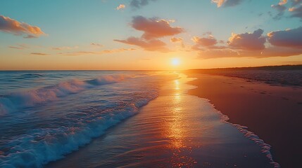 A beautiful sunset over the ocean with gentle waves