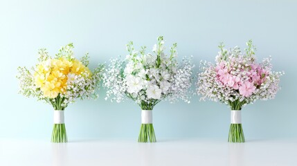 Fototapeta premium Three pastel flower bouquets in yellow, white, and pink stand in a row against a light blue background.