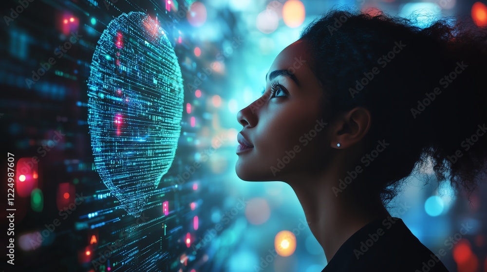 Poster professional interacting with a glowing ai brain processor, surrounded by complex data streams, futu