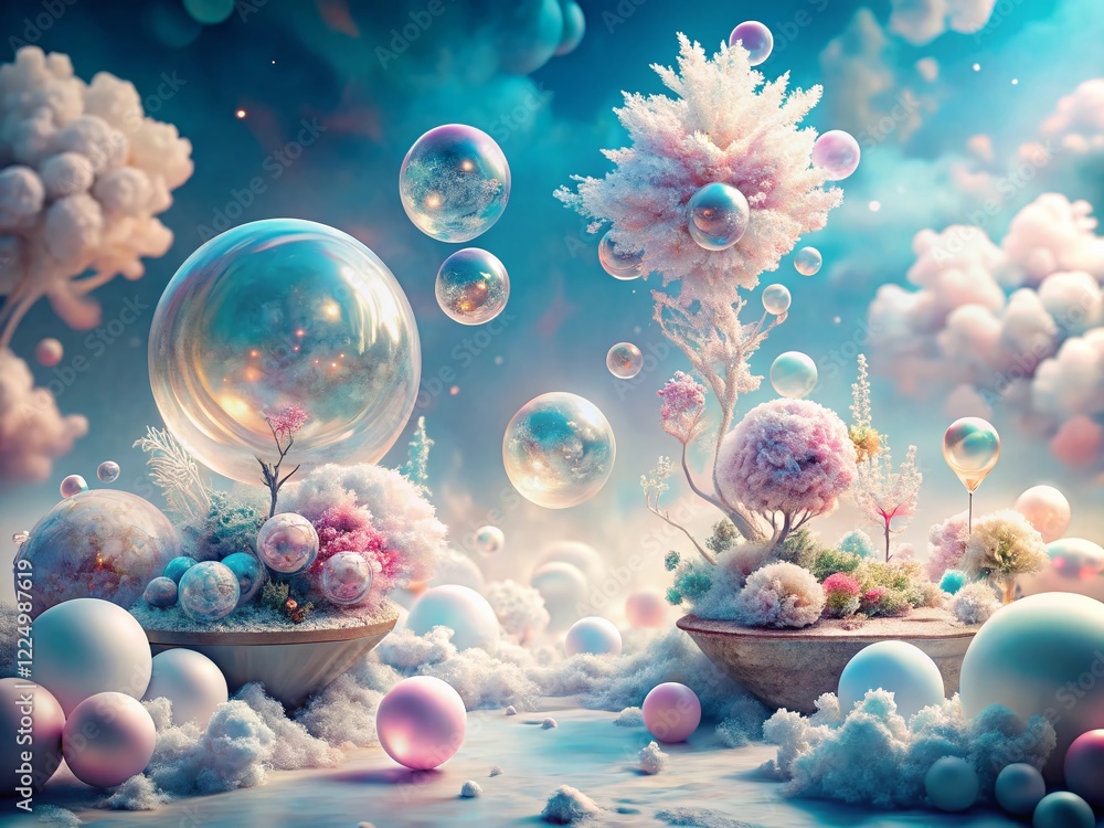 Poster surreal white background abstract photography: dreamlike floating objects and ethereal light