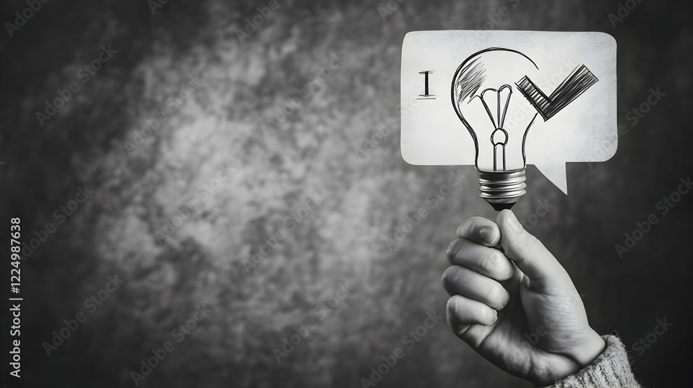 Poster black and white hand holding a lightbulb with a checkmark and the word idea in a speech bubble on a 