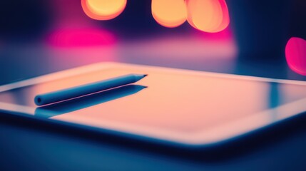 Modern Tablet with Stylus on Table with Beautiful Bokeh Background