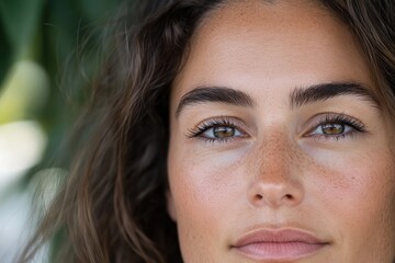 Fototapeta premium A beautiful close-up of a young woman with lush curly hair and striking green eyes, radiating calm and confidence in a natural outdoor setting among foliage.