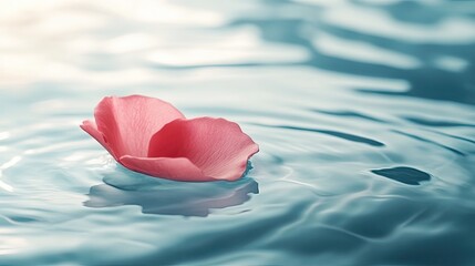 A rose petal floating on clear water with soft ripples and highlights.