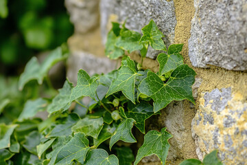 Lush green ivy climbing a weathered stone wall, showcasing nature's resilience in an urban setting
