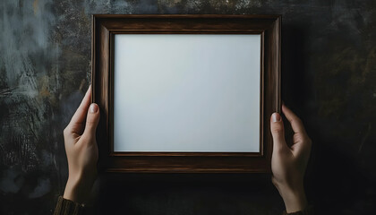 Blank white canvas in a dark wooden frame held by hands, photographed in landscape orientation  -