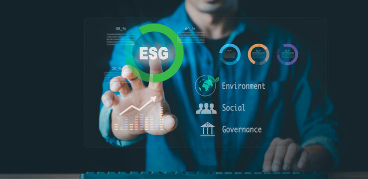 Environmental social governance investment business concept. businessman analyzes ESG on-screen business investment strategy, Environmental climate tech, business growth together