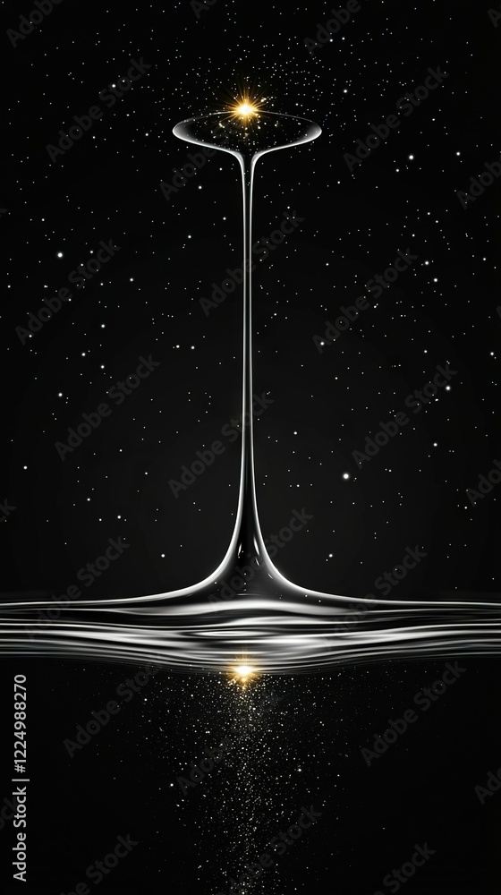 Poster a monochrome image of a massive object floating on a water body against a starry backdrop