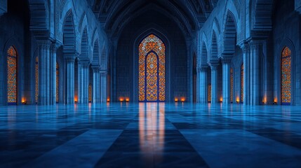 Obraz premium Majestic Interior of a Grand Hall with Stained Glass Windows and Soft Lighting