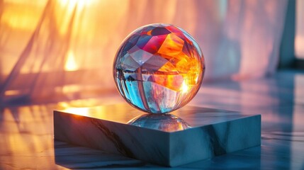 A colorful crystal orb on a matte onyx platform.
