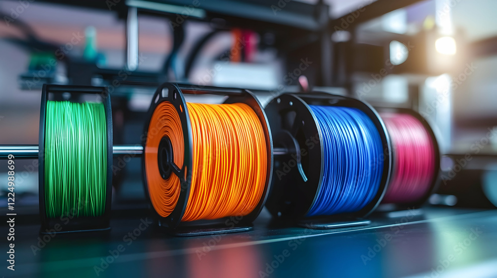 Poster brightly colored filament spools neatly arranged next to a 3d printer -