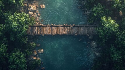 Fototapeta premium A wooden bridge over a serene river.