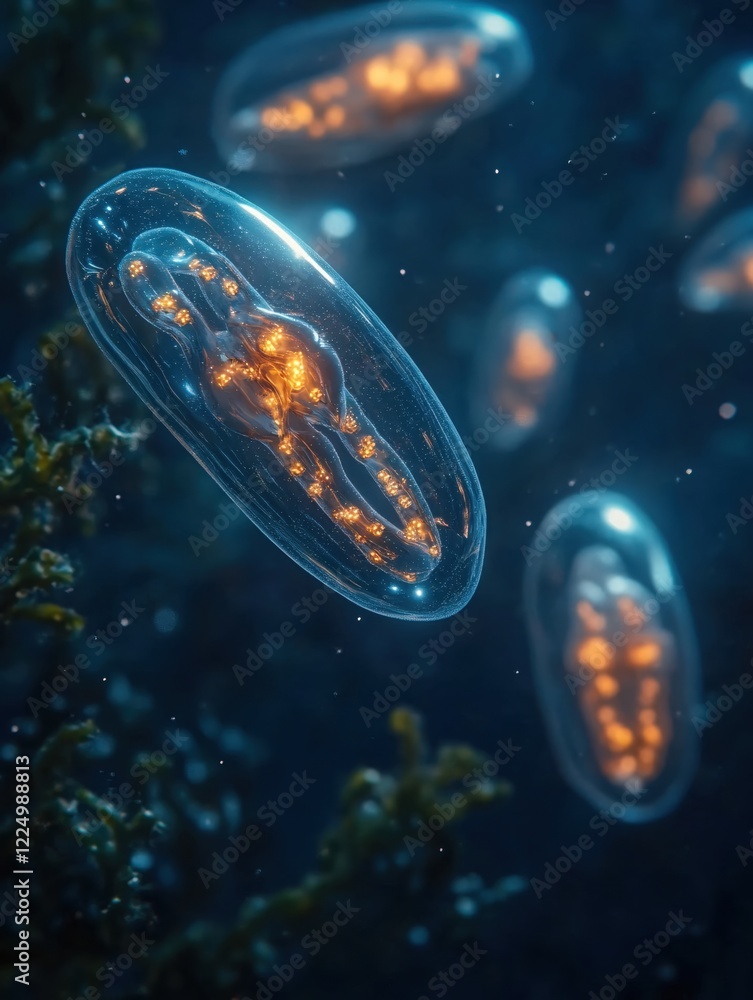 Poster glowing translucent capsules float in a dark underwater scene with blurred background elements